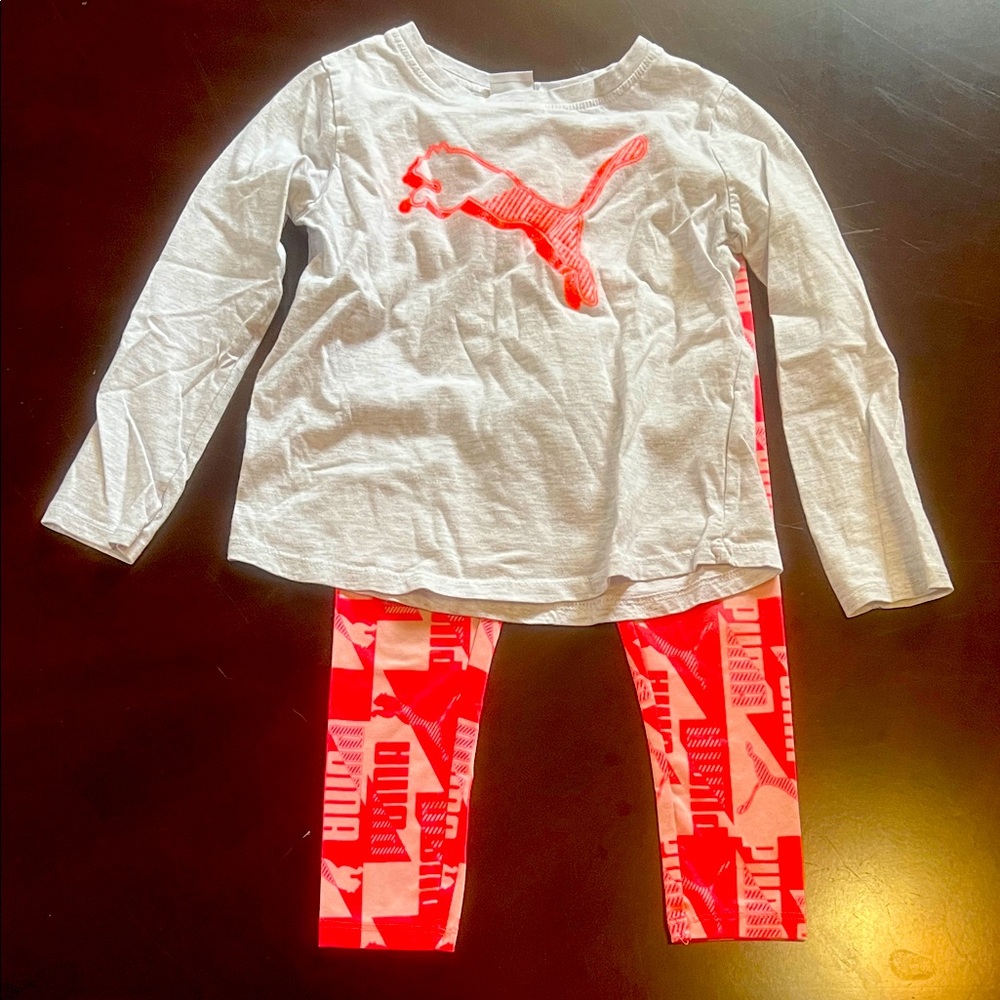 Puma Kids Gray Top and Orange Leggings Set size 5